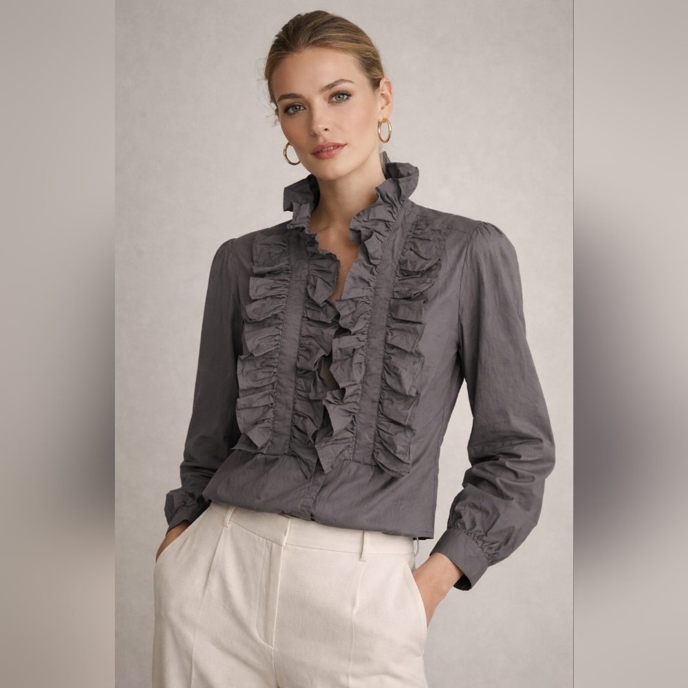 Sundays Hawthorne Ruffled Shirt Button Down Blouse Grey Charcoal